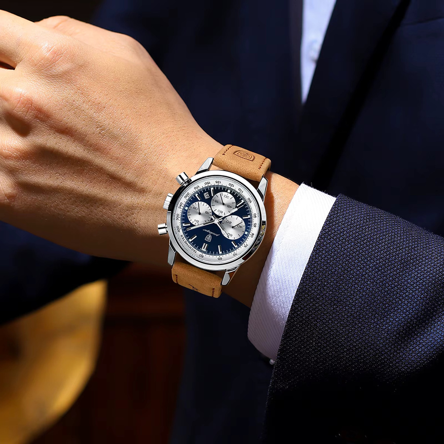 POEDAGAR Armbanduhr Chronograph, Quarz, Leder, Blau, Herren - Bild 5