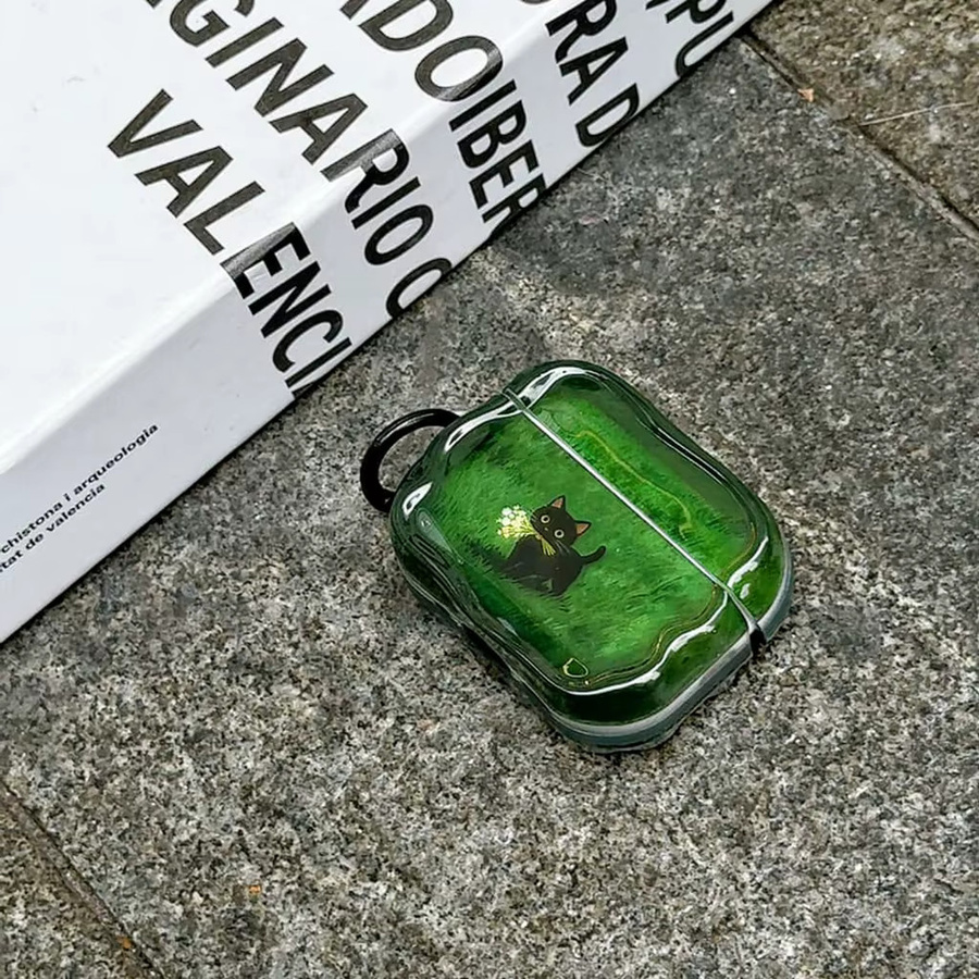 Schutzhülle für Apple AirPods 1, 2, 3, 4 und Pro 2 mit Motiv Schwarze Katze und Blumen in Schwarz und Grün inklusive Haken - Bild 3