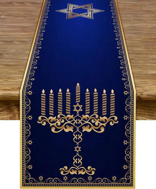JINGYUE Pet Chanukka Tischläufer aus Leinen in Blau mit Menora und Davidstern, B/H: 150 x 33 cm - Bild 1