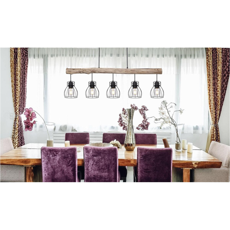 Globo Pendelleuchte aus Metall und Holz in Schwarz und Natur, B/H: 104 x 140 cm, 5 E27 Fassungen - Bild 2