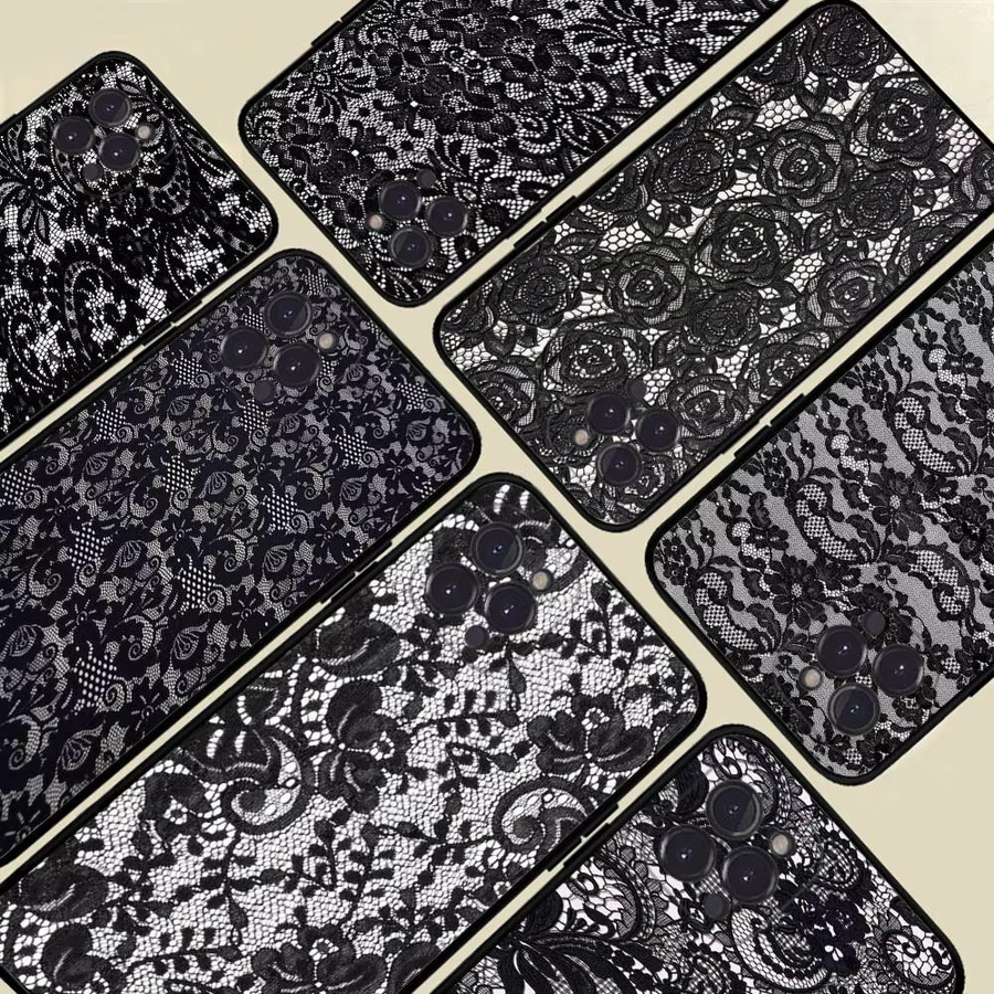 Schwarze Handyhülle mit Spitzenmuster von Potdemiel für iPhone 17 16 15 16e 14 13 12 11 Pro Max Plus - Bild 1