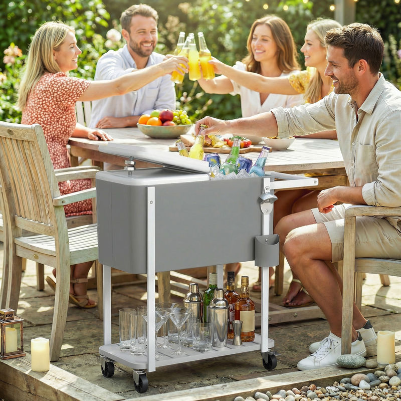 Outsunny Kühlwagen Grau mit 56 l Kapazität, mobiler Getränkewagen mit Rollen, Flaschenöffner und unterer Ablage für Outdoor Party und BBQ - Bild 2