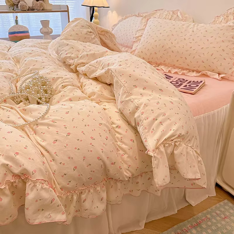 Lshah Bettwäsche Set aus gewaschener Baumwolle mit floralem Print und Spitze im Koreanische Prinzessin Stil für Mädchen - Bild 1