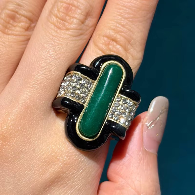 STALAIT Ring, Vintage, Schwarz, Emaille, Grün, Naturstein, Kristall, Damen - Bild 4
