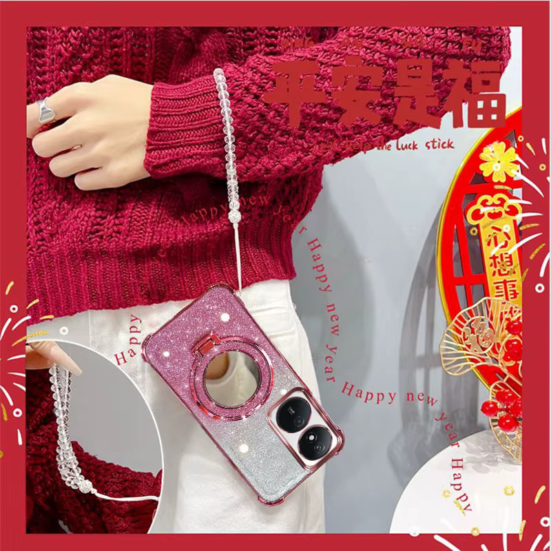 Stoßfeste Handyhülle mit Glitzer-Effekt, Spiegelständer und Perlenarmband für Huawei Honor X7b und Play 8T 90 Smart in Schwarz oder Pink - Bild 2