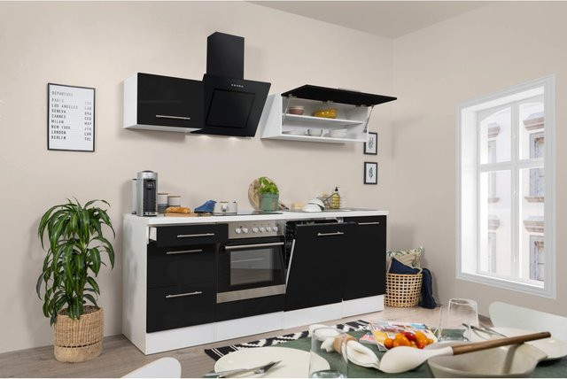 Respekta Premium Küchenzeile modern in Schwarz Hochglanz und Weiß mit Soft-Close-Türen, B: 220 cm, H: 200 cm, T: 60 cm - Bild 1