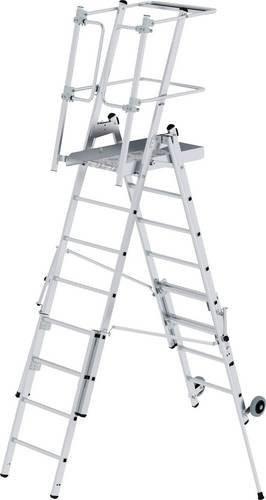 MUNK Günzburger Steigtechnik Plattformleiter FlexxStep aus Aluminium mit 6 Sprossen, Teleskopaufsatz und Werkzeugablage in Silber - Bild 1