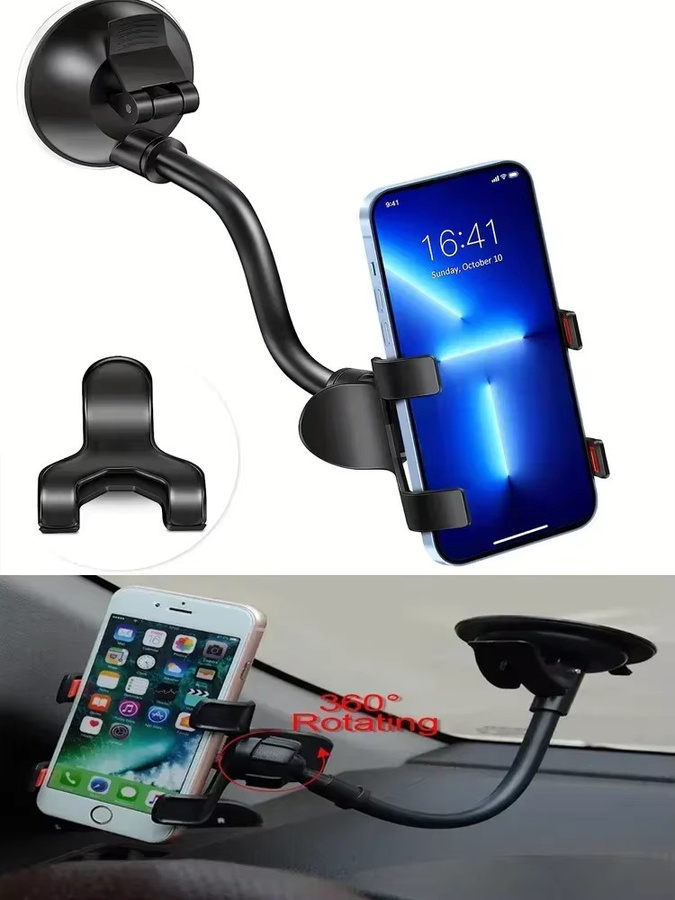 Autotelefonhalter in Schwarz mit 360 Grad Drehung und langem Arm für die Windschutzscheibe, Handy-Ständer mit Saugnapf und Clip für iPhone und andere Smartphones - Bild 6