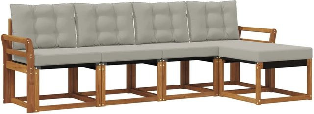 vidaXL Outdoor-Sofagarnitur 5-tlg. aus Akazienholz mit Textilene und Kissen in Natur und Hellgrau - Bild 1