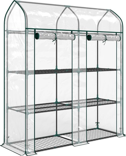 Outsunny Kleines Gewächshaus mit 3 Ebenen und 2 aufrollbaren Türen, Stahlrahmen und UV-beständiger Kunststoffabdeckung für den Pflanzenanbau, Transparent, B/T/H: 143 x 46 x 165 cm - Bild 1