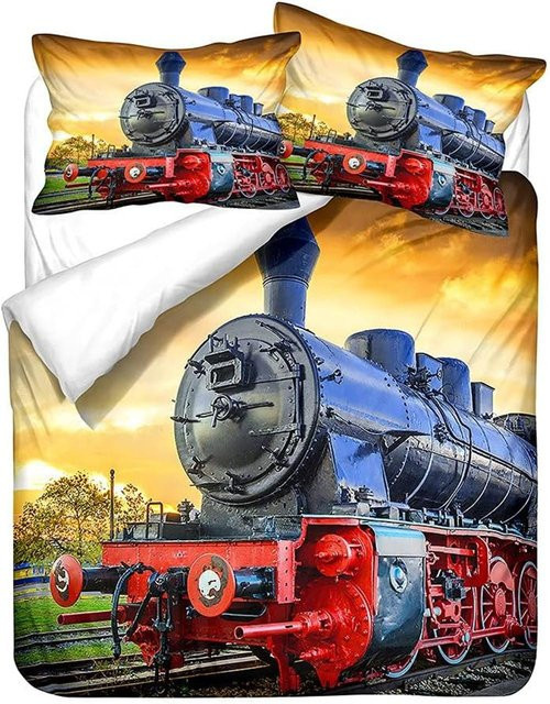 Bettwäsche-Set Your Warm Home mit 3D Zug-Digitaldruck aus Mikrofaser, Retro Dampfzug Design, Mehrfarbig, B/H: 135 x 200 cm - Bild 1