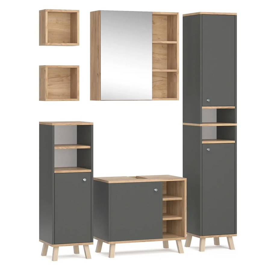 Vicco Badmöbel-Set Senyo in Anthrazit und Goldkraft Eiche, 5-teilige Badezimmer-Garnitur im skandinavischen Stil mit Hochschrank, Spiegelschrank, Waschbeckenunterschrank, Midischrank und Badregal - Bild 2