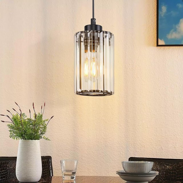 Moderne Kristall Pendelleuchte in Transparent mit schwarzem Metallgestell, 1-flammige Hängelampe für Esstisch, Wohnzimmer, Küche oder Schlafzimmer, E27 Fassung (ohne Leuchtmittel) - Bild 1
