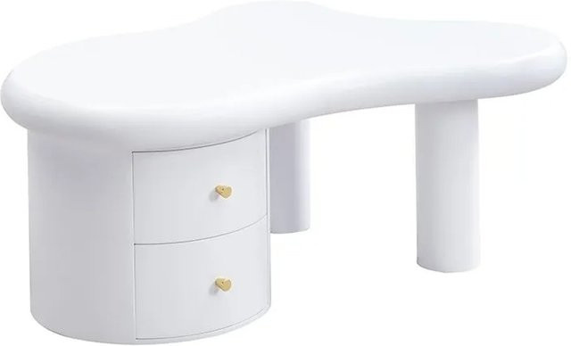 okwish Couchtisch mit 2 Schubladen in Weiß mit unregelmäßiger organischer Form, B: 97 cm, T: 64 cm, H: 42 cm - Bild 1