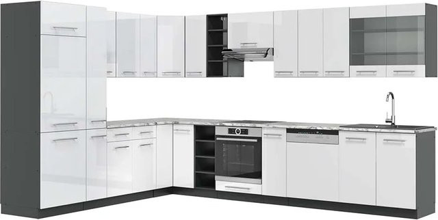 Vicco Fame-Line Eckküche in Weiß Hochglanz und Anthrazit mit Marmor-Optik, B/T/H: 347 x 257 x 82 cm - Bild 1