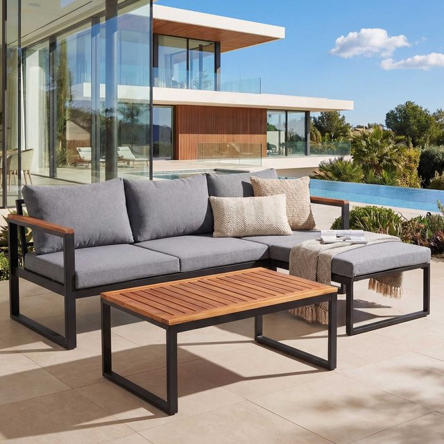 MCW Garten-Garnitur L26b Lounge-Set aus Aluminium und Akazienholz in Anthrazit mit Polstern und Ottomane - Bild 1