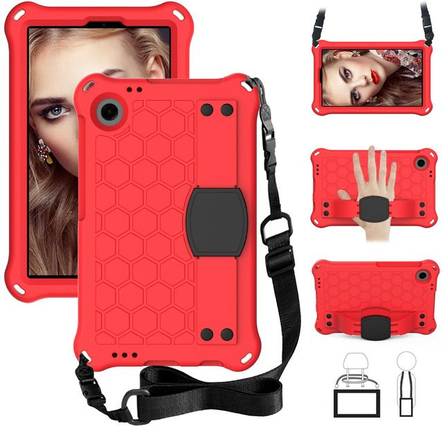 Kinderhülle für Samsung Galaxy Tab A9 8,7 Zoll SM-X110 SM-X117 SM-X130 SM-X135 mit Waben-Armband und Tragegurt in Rot - Bild 1