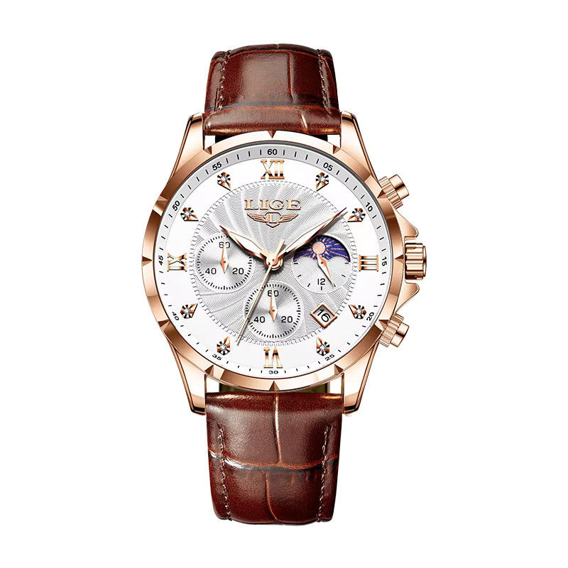 LIGE Armbanduhr Quarz, Leder, Roségold, Silber, Herren - Bild 7