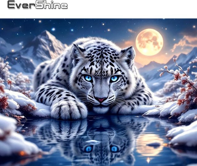 EverShine Diamant-Stickerei DIY-Gemälde Leoparden-Motiv mit Berg und Mond in Winterlandschaft als Strass-Mosaik zur Wanddekoration - Bild 1