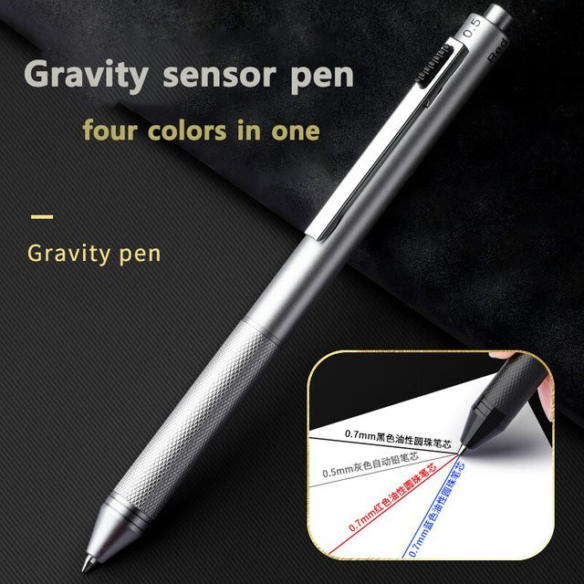 Dnostiopis 4-in-1 Multifunktions-Luxusstift aus Metall in Silber mit 3-farbigem Kugelschreiber (0,7 mm) und Druckbleistift (0,5 mm) mit Schwerkraftsensor - Bild 1