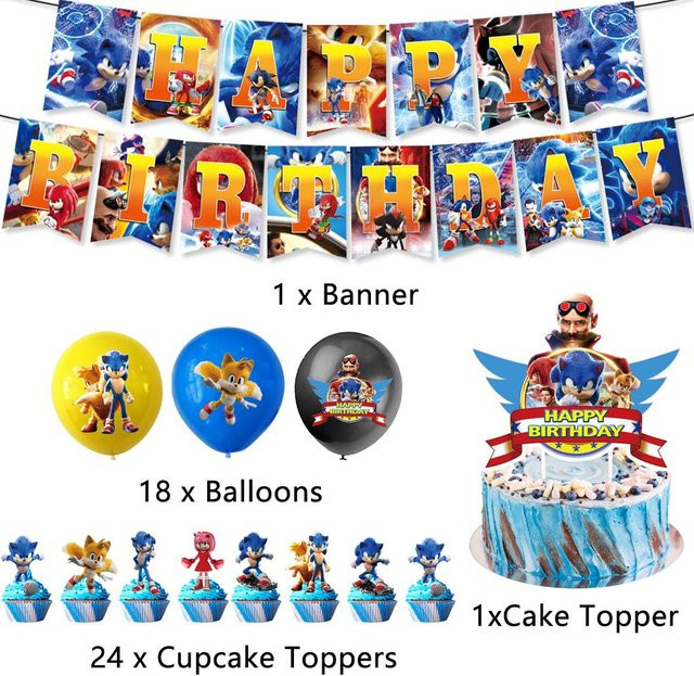 44-teiliges Sonic the Hedgehog Geburtstagsdeko Set von thankBUY in Multicolour mit Banner, Luftballons und Kuchenaufsätzen für Kinderpartys - Bild 1