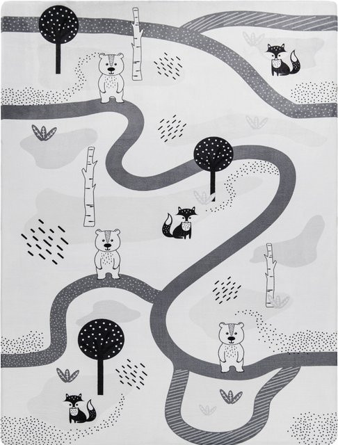 Waschbarer Kinderteppich Chiko mit Waldmotiv in Weiß und Grau, B/T: 80 x 150 cm - Bild 1