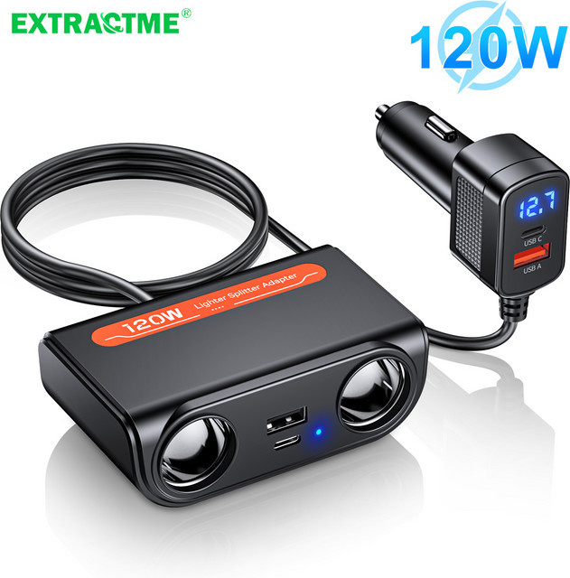 Extractme 3 in 1 Dual USB PD Schnellladegerät für das Auto mit 120 W Leistung, Zigarettenanzünder Splitter in Schwarz für 12 V und 24 V - Bild 1