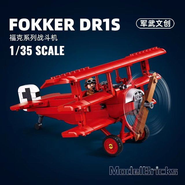 Sluban Fokker DR-1 Kampfjet-Modell Bausteine Set im Maßstab 1:32, Roter Baron Militär-Flugzeug aus Kunststoff, Rot - Bild 1