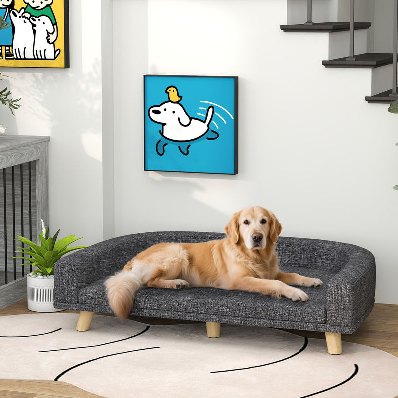 PawHut Hundesofa für große Hunde mit Kiefernholzbeinen und waschbarem Kissen, Dunkelgrau, B: 98 cm, T: 67 cm, H: 25 cm - Bild 2