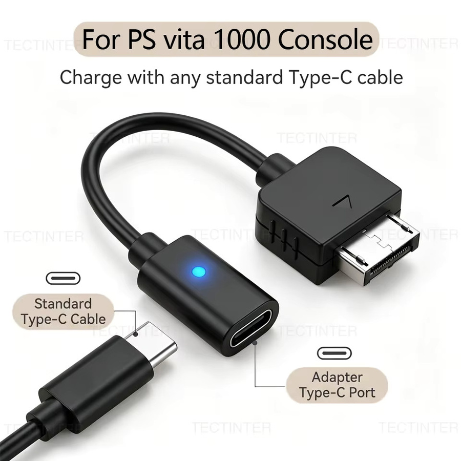 TECTINTER USB-C Ladeadapter für PS Vita 1000 Konsole, Typ-C LED Stromkonverter-Kabel, Schwarz - Bild 2