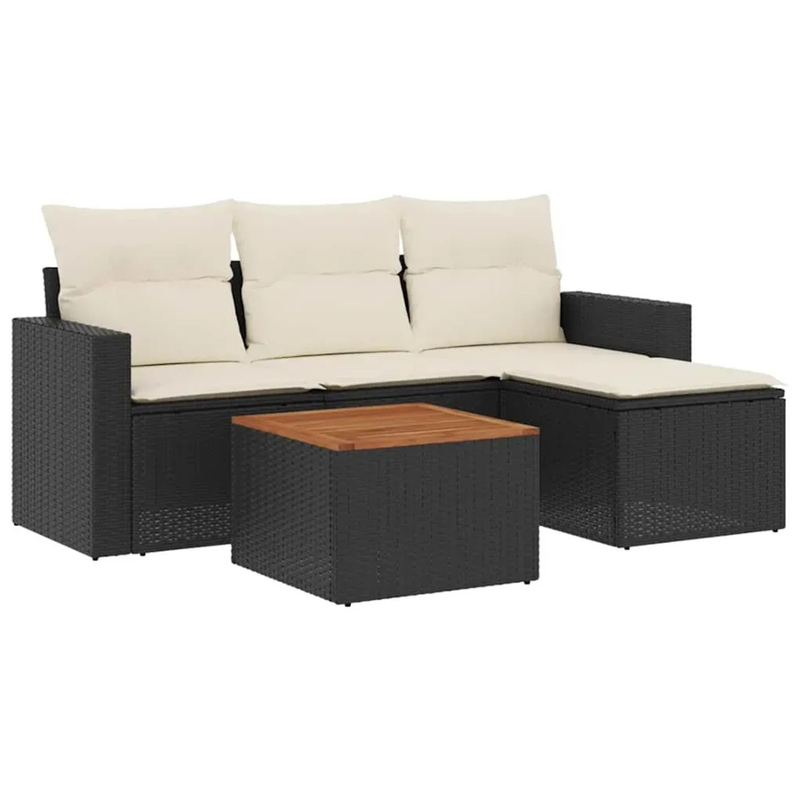 vidaXL 5-teilige Garten-Sofagarnitur aus Poly-Rattan und Akazienholz in Schwarz-Creme mit Kissen - Bild 2