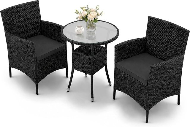Juskys Polyrattan Balkon Set Bayamo 3-teilig für 2 Personen in Schwarz mit dunkelgrauen Bezügen - Bild 1
