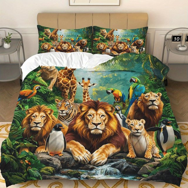 Bettwäsche Set mit tropischem Dschungel Safari Wildtierprint, 3D Realistischer Tierdruck, Mehrfarbig, B/H: 160 x 210 cm - Bild 1