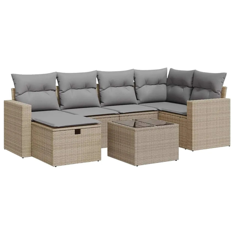 vidaXL 7-teilige Garten-Sofagarnitur in L-Form mit Kissen und Tisch, Beige/Grau, Poly-Rattan und Metallgestell - Bild 2