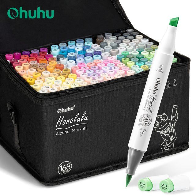 Ohuhu Honolulu Alkohol-Kunstmarker Set mit 168 Farben, nachfüllbare Doppelspitzen Marker für Manga, Skizzieren und Zeichnen, Multicolor - Bild 1