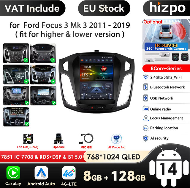 Hizpo 2Din Android 14 Auto-Multimedia-Player für Ford Focus MK3 2012–2018 mit GPS, Carplay, 4G und 360 Grad Kamera in Schwarz - Bild 1