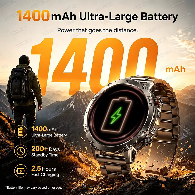 KAVSUMI Smartwatch für Herren mit AMOLED Display, GPS, Bluetooth-Anruffunktion und Taschenlampe, IP68 wasserdicht, 1400mAh Akku, Grau/Orange - Bild 2