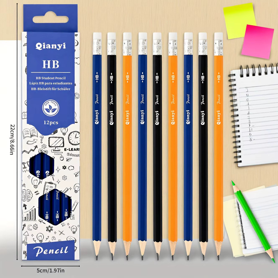 12er Set Hexagon HB Bleistifte mit Radiergummis in 3 Farben für Schule und Büro - Bild 2