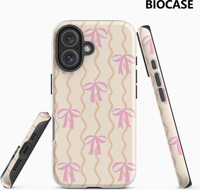 Handyhülle mit rosa Schleife und gewellten Linien für Apple iPhone 17 16 15 14 13 12 Pro Max Plus mit doppelschichtiger Rückseite in Pink - Bild 1