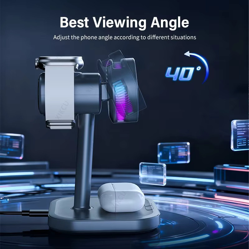 XIKCU Magnetisches Qi2 25W Kabelloses Ladegerät mit LED-Licht und Luftkühlung für iPhone, Apple Watch und AirPods Pro in Grau - Bild 4