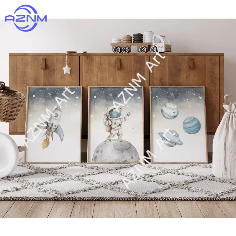 3-teiliges Set AZNM Weltraum-Wandkunst für Kinderzimmer mit Astronauten und Sternen in Aquarell-Optik, Mehrfarbig - Bild 2
