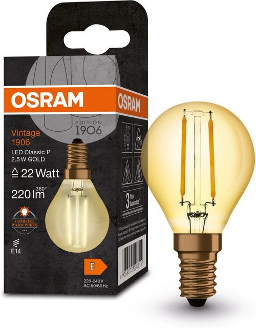 Osram LED-Leuchtmittel E14 Tropfenform in Gold, 2,5 W, warmweiß, H x Ø: 7,7 x 4,5 cm - Bild 1