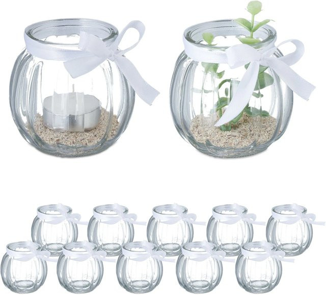Relaxdays Windlicht aus Glas für Teelichter, 12er Set, transparent, geriffelt und bauchig, B/T/H: 7,5 x 7,5 x 7,5 cm - Bild 1