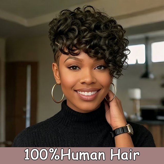 OYM HAIR Perücke, Pixie-Schnitt, lockig, Echthaar, Naturfarbe - Bild 1