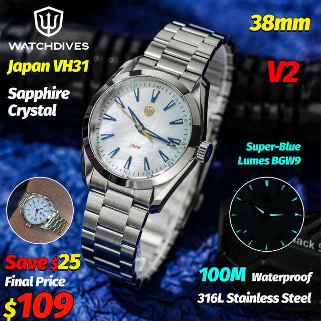 Watchdives Armbanduhr, Quarz, Edelstahl, 38 mm, Herren, Saphirglas - Bild 1