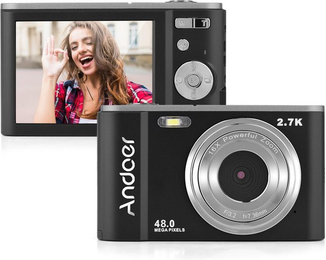 Andoer Digitalkamera in Schwarz mit 48 MP, 2,7K Auflösung, 2,88 Zoll IPS-Bildschirm und 16-fachem Zoom - Bild 1