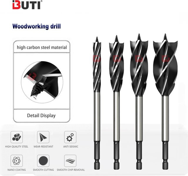 BUTI Holzbohrer mit Sechskantschaft und vier Klingen in Silber, Durchmesser: 8 mm, 10 mm, 12 mm - Bild 1