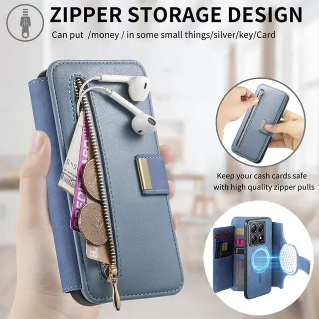 Xiaomi Leder-Brieftaschenhülle mit Reißverschluss für Redmi Note 15 14 13 Pro Plus 5G 4G und Redmi Note 13 Pro Turbo 4 mit Magnet-Cover in Braun oder Blau - Bild 1