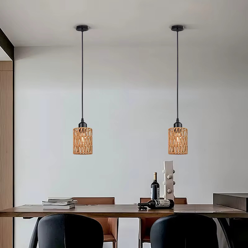 OSABO Rattan Deckenlampe im Boho-Stil, handgewebte Zylinder-Pendelleuchte aus Hanfseil-Imitat in Braun für Flur, Restaurant und Hotel - Bild 3