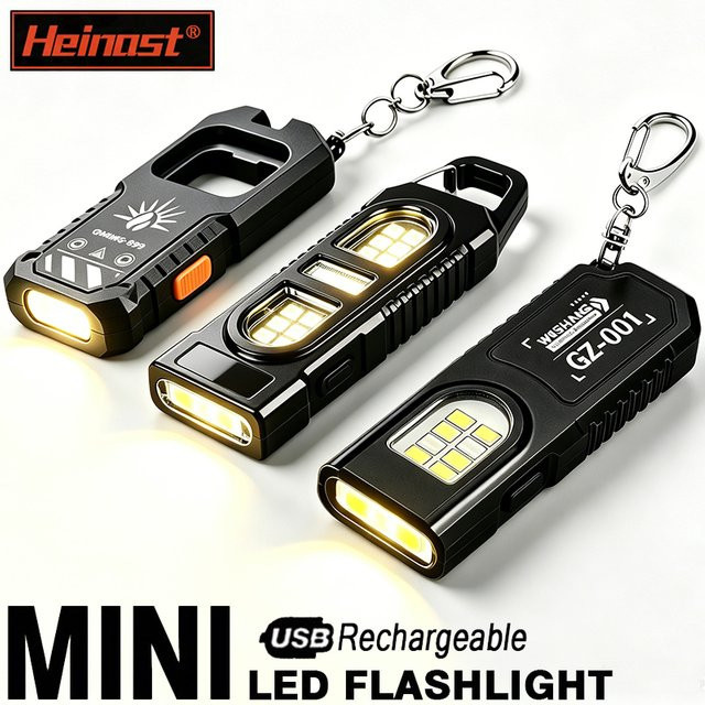 Heinast Mini COB LED Schlüsselanhänger-Taschenlampe in Schwarz, USB-aufladbar und wasserdicht mit Haken für Camping und Wandern - Bild 1
